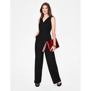 Boden Hexham Jumpsuit Black Wide-Leg Crepe Lined Side Pockets Tuxedo Stripe